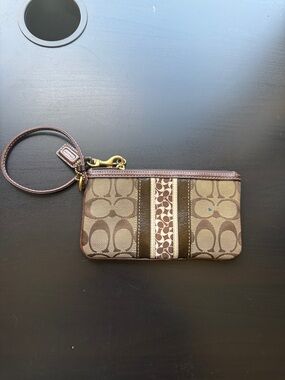 Coach Brown Signature Canvas Wristlet with Center Stripe